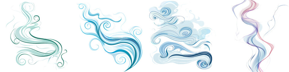 Fototapeta premium Abstract swirls and waves in various shapes and colors on a transparent background. Artful, flowing forms ideal for creative designs and projects.