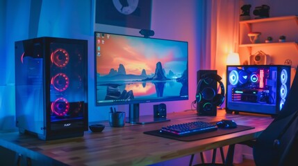 RGB Gaming Setup with a Mountain Range Desktop Wallpaper.