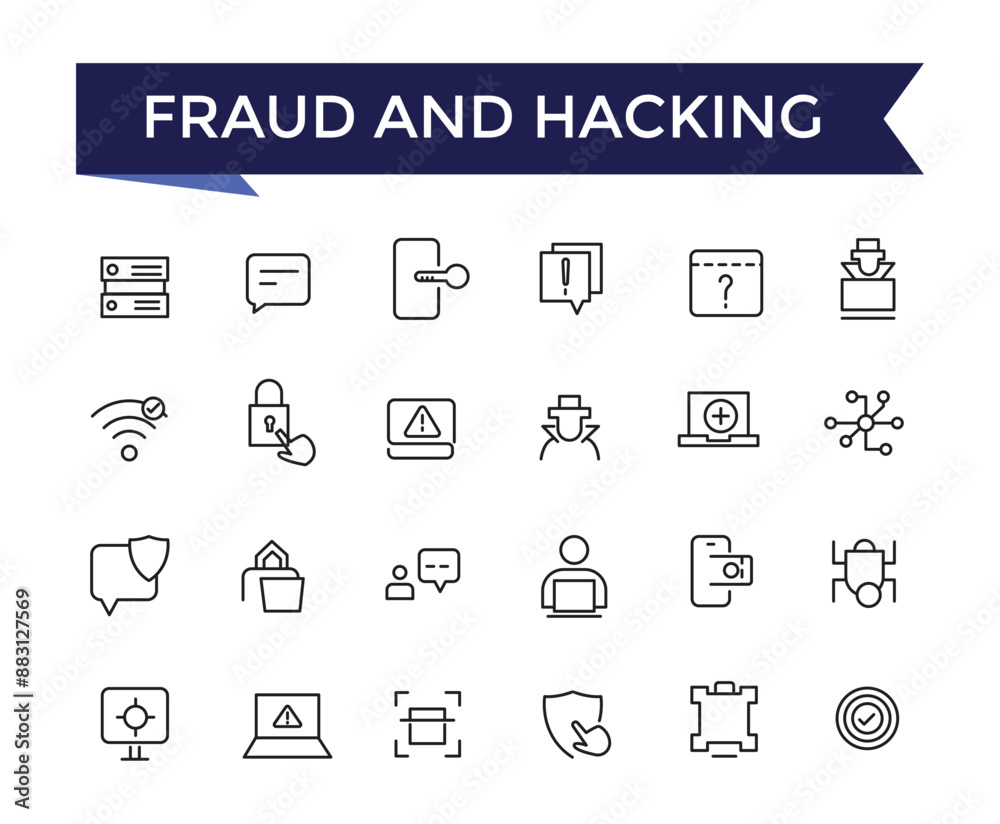 Poster fraud and hacking line icons set with editable stroke collection for web and ui. line icons pack. ve