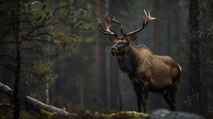 A robust adult elk with impressively large antlers stands majestically in a dense forest, exuding strength and grace amidst the serene backdrop of nature.