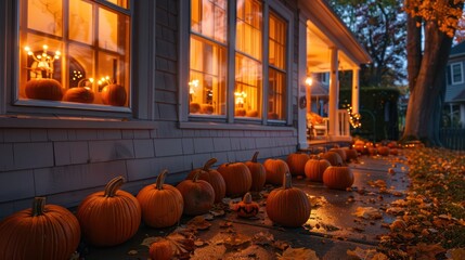 cozy autumn evening at a Suburban Colonial home, with pumpkins lined up along the porch and soft lights inside