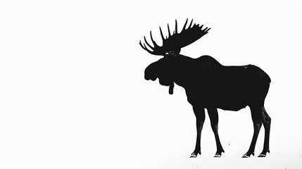 This image features the silhouette of a moose standing proudly alone in a snowy landscape, symbolizing solitude and the simplicity of nature against a bright white backdrop.