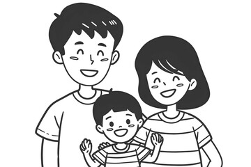 Simple Line Drawing of Happy Family with Father, Mother, and Child - Vector Illustration