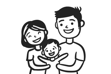 Simple Line Drawing of Happy Family with Father, Mother, and Child - Vector Illustration
