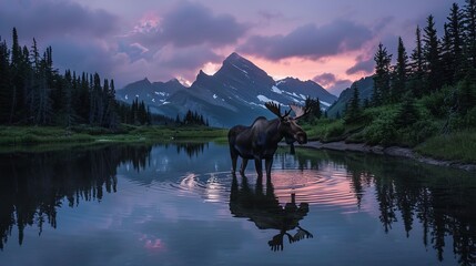 A moose stands in a still lake surrounded by pine trees and majestic mountains during twilight, with the mist rising, evoking a serene and mystical natural scene.
