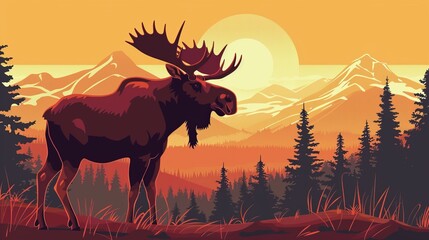 Naklejka premium Artistic depiction of a moose against a vibrant sunset backdrop with silhouetted mountains and pine trees, creating a dramatic and warm nature scene full of color.