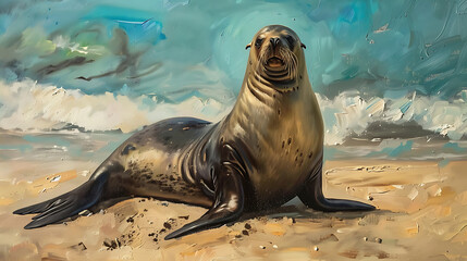 Fototapeta premium Sea lions oil painting, wallpaper, coastal life