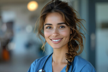 Fototapeta premium Portrait of a young happy latina woman doctor smiling looking at the camera in a blue scrub and stethoscope