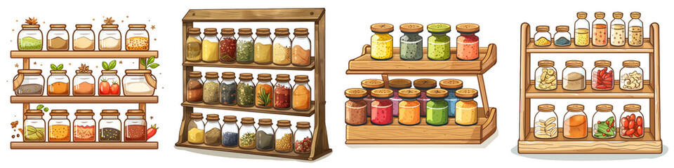 Wooden racks filled with assorted colorful jars of spices, herbs, and preserves, neatly organized and displayed against a transparent background.