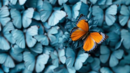 This image portrays a single vibrant orange butterfly standing out from a multitude of blue butterflies, highlighting contrast and uniqueness in nature's palette.