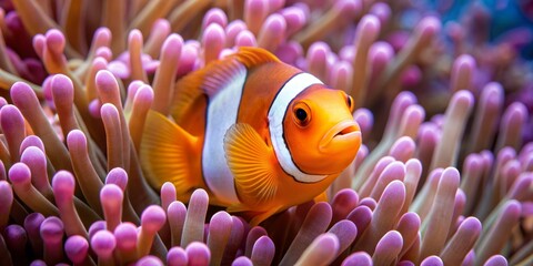 Vibrant clownfish couple nestled within a vivid pink sea anemone