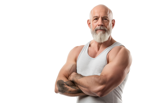 Mature Man with Beard in White Tank Top on White Background - Powered by Adobe