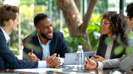 A modern, diverse group of professionals engaged in a team meeting, interacting and sharing ideas in a bright, collaborative office environment with laptops and documents.