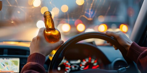 Depiction of Drunk Driving Concept with an Impaired Driver Behind the Wheel Holding a Bottle of Alcohol, Highlighting the Perils and Consequences of Impaired and Drunk Driving.