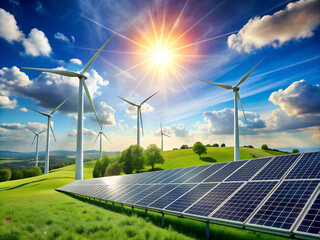  wind turbine and solar panel,green leaf blowing in sky.renewable energy to businesses, homes, and public buildings.smart city and new generation of power.clean and environmental friendly