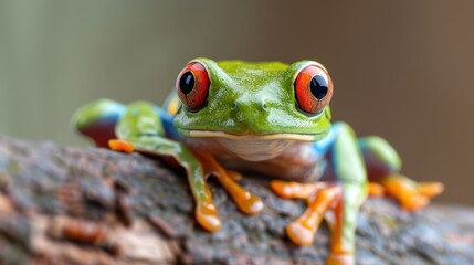 Fototapeta premium A colorful frog with bright red eyes and a vibrant body sits on a wooden branch, representing biodiversity and the beauty of wildlife in its natural habitat. The frog is alert and focused.