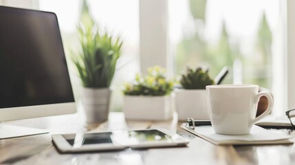 Modern Workplace with Tablet, Coffee Cup, and Plants.