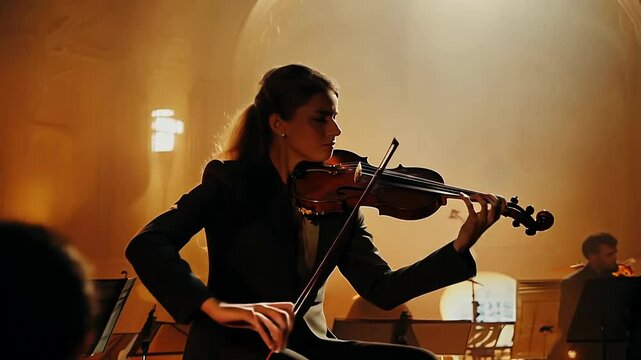 Serene violinist performing in classical concert