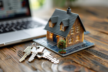House Keys Next to Miniature Home on Laptop Keyboard Representing Online Real Estate and Mortgage Concepts