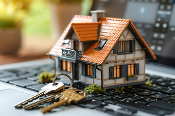 House Keys Next to Miniature Home on Laptop Keyboard Representing Online Real Estate and Mortgage Concepts
