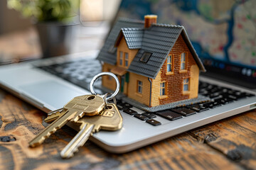 House Keys Next to Miniature Home on Laptop Keyboard Representing Online Real Estate and Mortgage Concepts