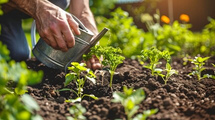 Fototapeta premium Gardening Tools in Use: Hands planting seedlings in a garden, with a watering can and garden tools in the background. 