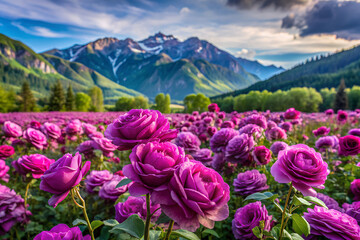 Obraz premium field of lush amethyst roses with mountains in the background generative ai