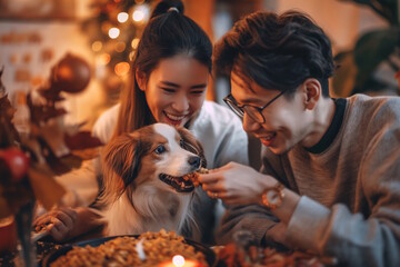 Asian couple and their dog enjoying a festive meal together, celebrating love and togetherness, Thanksgiving Day