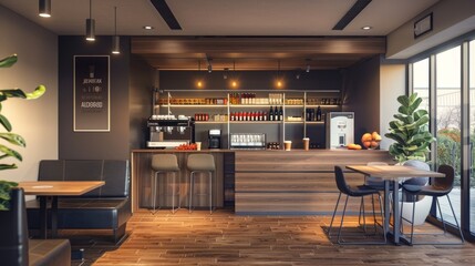 Modern Coffee Shop Interior Design with Wooden Details.