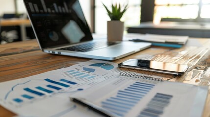 Business Analysis with Laptop and Smartphone on Wooden Desk