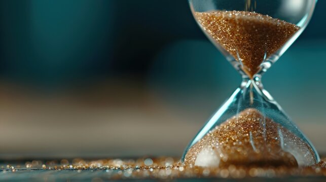 An artistic photograph of an hourglass with golden sand flowing through it, symbolizing the passage of time, patience, and the transient nature of existence.