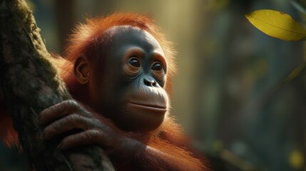 Fototapeta premium Curious orangutan gazes at a leaf in the lush green jungle canopy