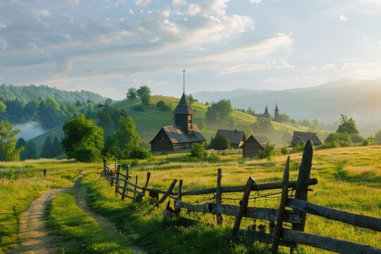 Tranquil Maramures Region with Stunning Wooden Church at Sunrise - Rural Landscape for Print, Card, Poster