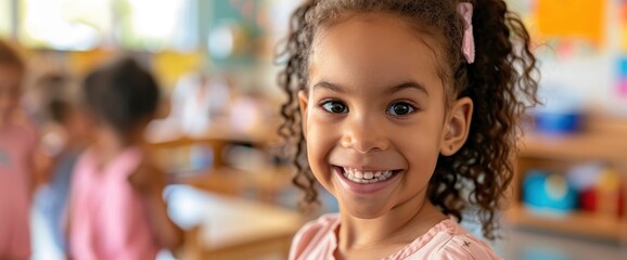 A portrait of an adorable preschooler in her classroom, her face beaming with joy