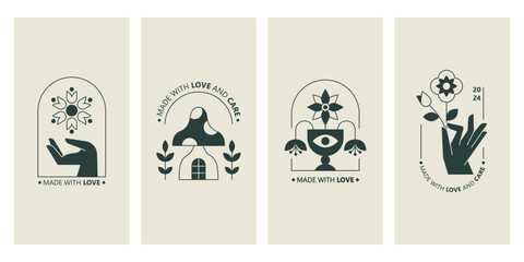 Abstract design logo template with flower, mushroom, bird and hand. Modern minimal linear badge and emblem set for natural treatment, cosmetic products and fashion.