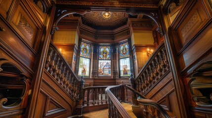 detailed view of a Suburban Victorian home's turret, with intricate woodworking and a peek of the stained glass windows