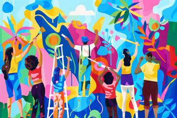 A group of friends collaboratively paints a mural on a community wall, bringing vibrant colors and creativity to the neighborhood, the project fosters unity and artistic expression, do it together