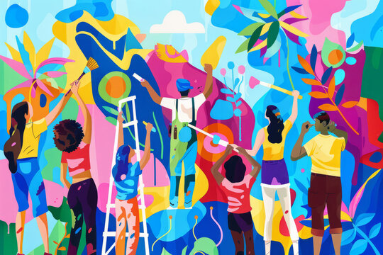A group of friends collaboratively paints a mural on a community wall, bringing vibrant colors and creativity to the neighborhood, the project fosters unity and artistic expression, do it together