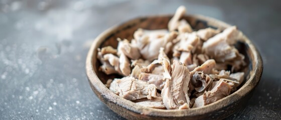 Close Up of Shredded Cooked Chicken in Wooden Bowl