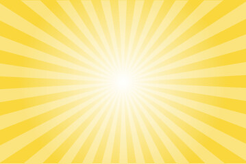 Obraz premium Yellow sun ray vector background. Radial beam sunrise or sunset light retro design illustration. Light sunburst glowing Spanish background.