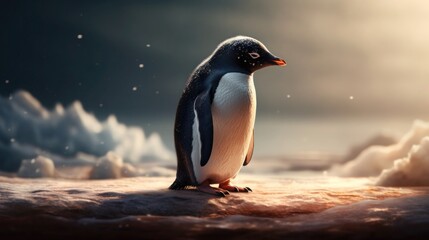 Naklejka premium Adelie penguin standing on ice floe in Antarctica with soft sunlight and snow