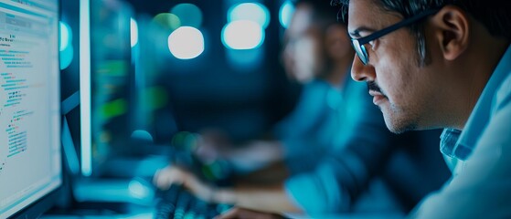 Focused software developers working on computer code in a modern office, highlighted by blue ambient lighting.