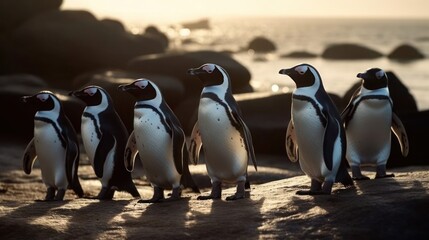 Fototapeta premium Penguins on Rocky Beach at Sunset