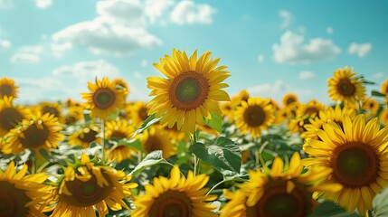 Obraz premium Vibrant sunflower field under blue sky