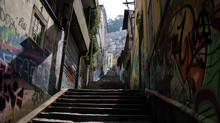 Fototapeta premium Steep, graffiti-covered stairway in a Rio de Janeiro favela, showcasing vibrant street art and urban culture.
