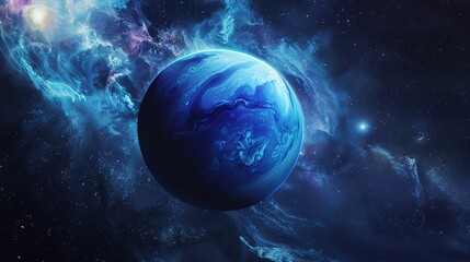 A striking blue planet floats amidst nebulous blue energy clouds in the cosmic space, creating a mesmerizing and otherworldly celestial scene.
