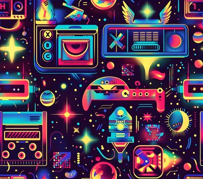 Vibrant Retro Styled Birthday Party Arcade Game Themed Seamless Pattern