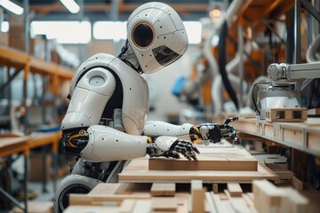 Fototapeta premium The Future of Furniture: A Robot Assembles a Wooden Panel