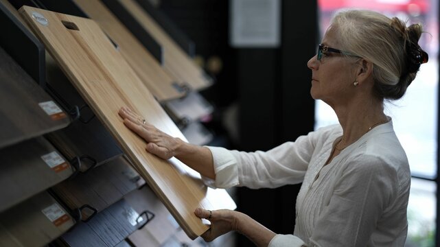 Closeup of happy mature woman running hand across solid or engineered wood plank samples in a floor or hardware store for a home remodeling renovation redecorating project.