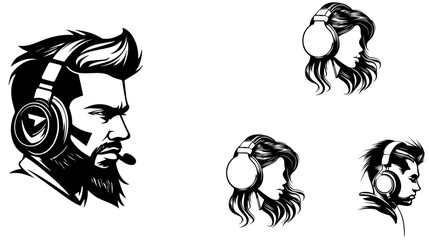 Sunglasses and woman,Men Facial Set,Uomo, donna, occhiali da sole,Female face in glasses, black on a white background,
 texture for design, seamless pattern, vector illustration,headphone